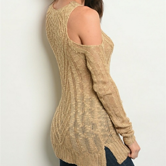 COZY CASUAL COLD SHOULDER LONG SLEEVE KHAKI SWEATER KNIT TOP - Picture 2 of 2